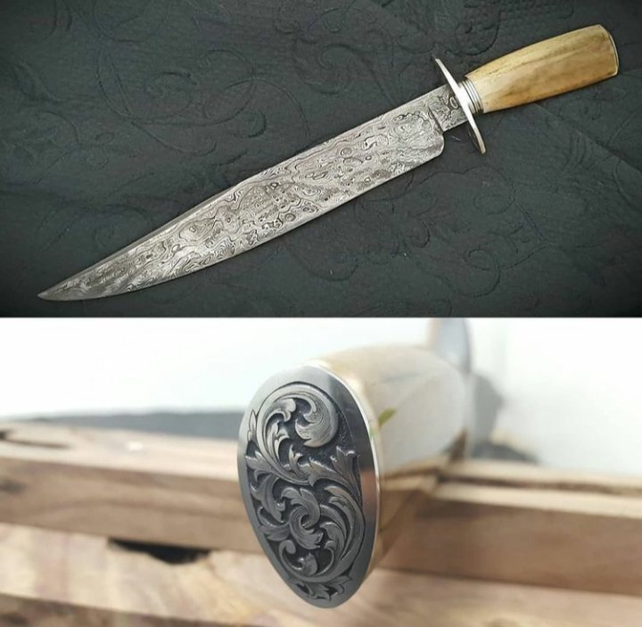 Damascus Knife Engraved Pommel